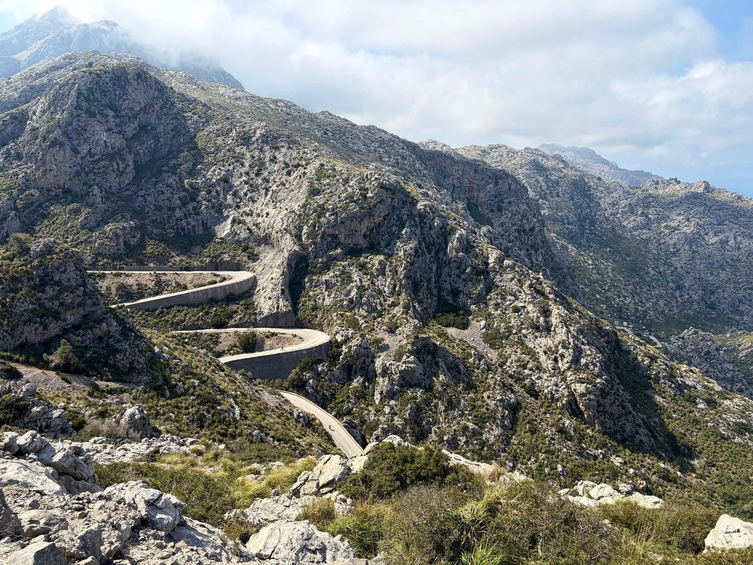 Successive bends on Sa Calobra supported by high stone retaining walls