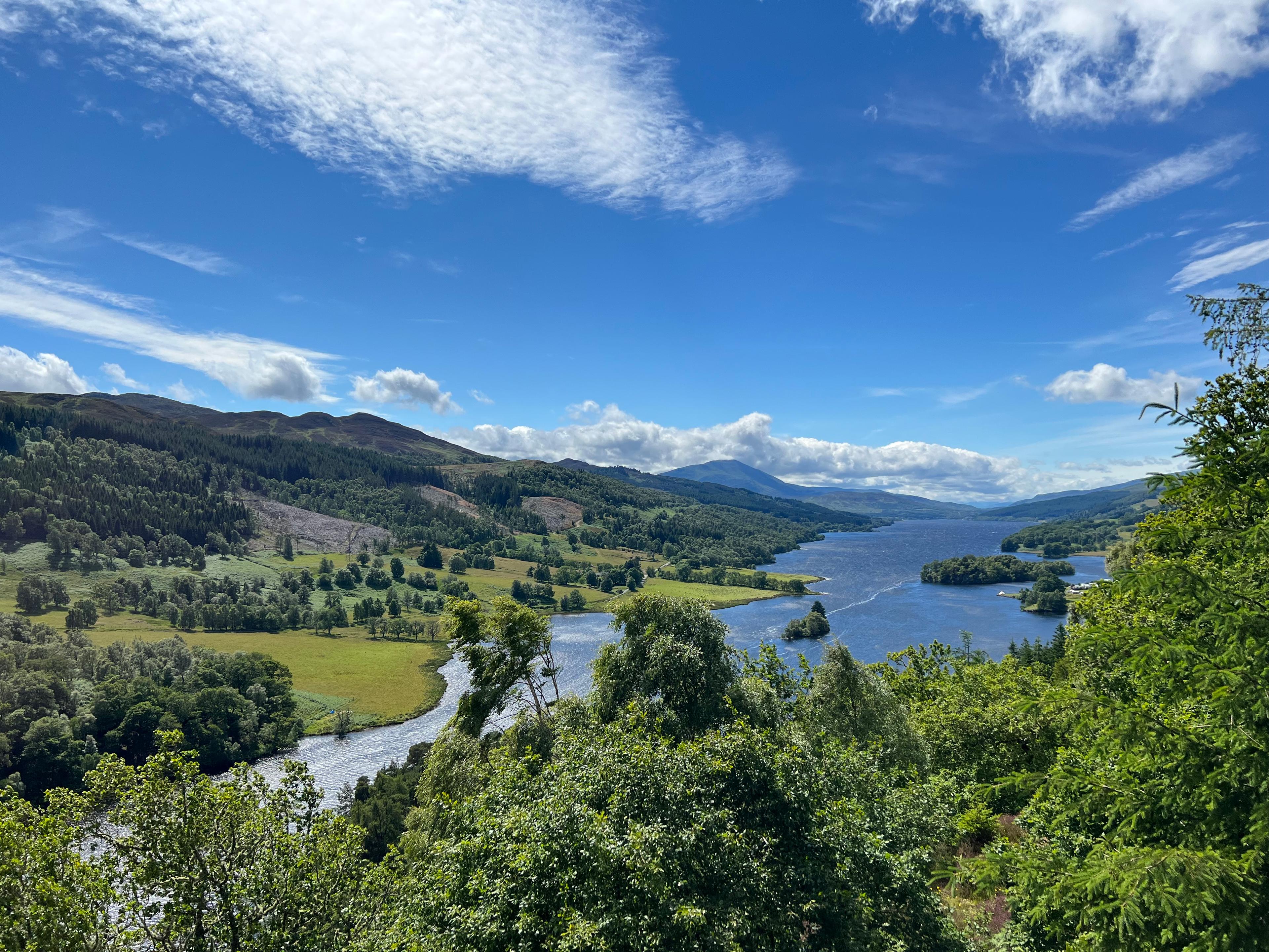 Loch Tummel winding west between wooded hills, seen from Queen’s View
